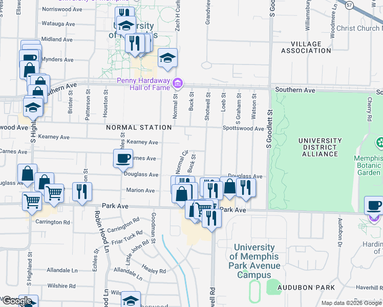 map of restaurants, bars, coffee shops, grocery stores, and more near 713 Normal Circle in Memphis