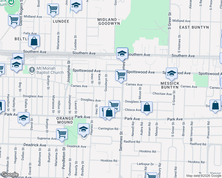 map of restaurants, bars, coffee shops, grocery stores, and more near 2992 Carnes Avenue in Memphis