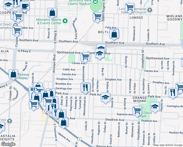 map of restaurants, bars, coffee shops, grocery stores, and more near 738 Hamilton Street in Memphis