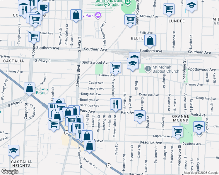 map of restaurants, bars, coffee shops, grocery stores, and more near 2454 Cable Avenue in Memphis