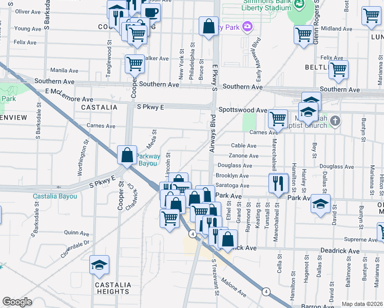 map of restaurants, bars, coffee shops, grocery stores, and more near 2323 Longstreet Drive in Memphis