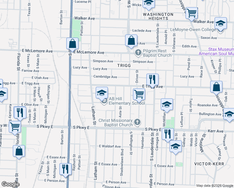 map of restaurants, bars, coffee shops, grocery stores, and more near 391 East Trigg Avenue in Memphis