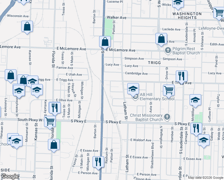 map of restaurants, bars, coffee shops, grocery stores, and more near 251 East Trigg Avenue in Memphis