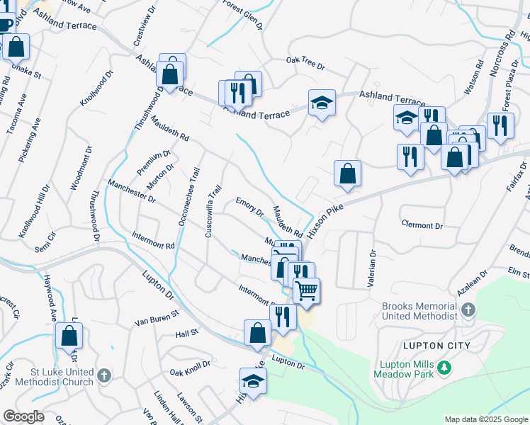 map of restaurants, bars, coffee shops, grocery stores, and more near 760 Mauldeth Road in Chattanooga