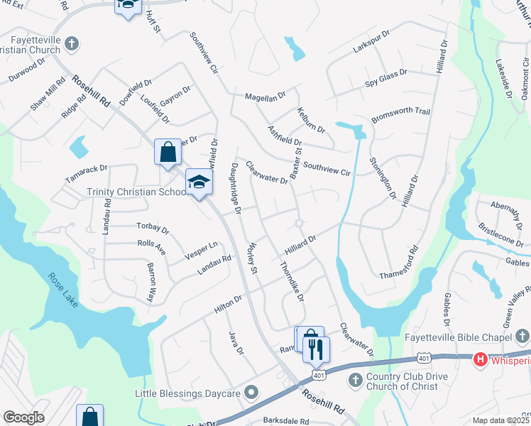 map of restaurants, bars, coffee shops, grocery stores, and more near 718 Brougham Road in Fayetteville