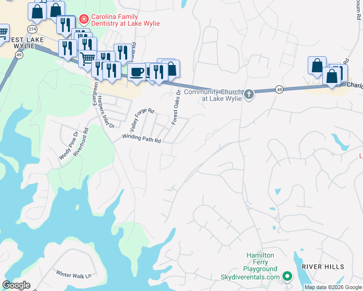 map of restaurants, bars, coffee shops, grocery stores, and more near 1262 Winding Path Road in Clover