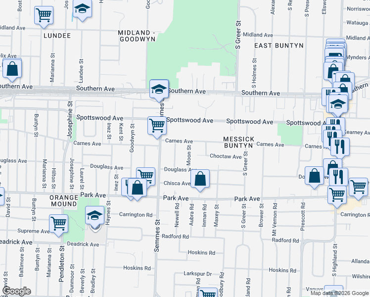 map of restaurants, bars, coffee shops, grocery stores, and more near 3082 Carnes Avenue in Memphis