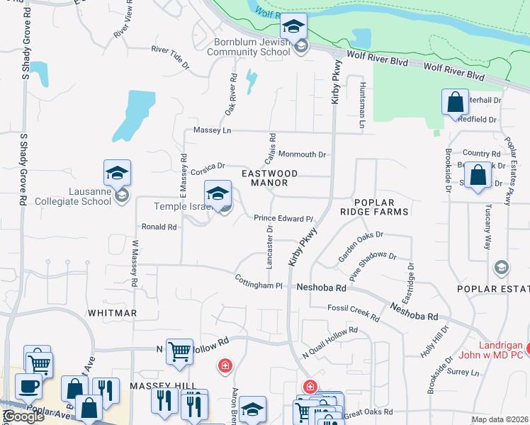 map of restaurants, bars, coffee shops, grocery stores, and more near 1367 Lancaster Drive in Memphis