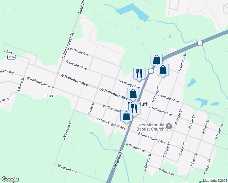 map of restaurants, bars, coffee shops, grocery stores, and more near 275 West Baltimore Avenue in Pinebluff