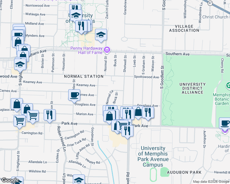 map of restaurants, bars, coffee shops, grocery stores, and more near 713 Normal Circle in Memphis