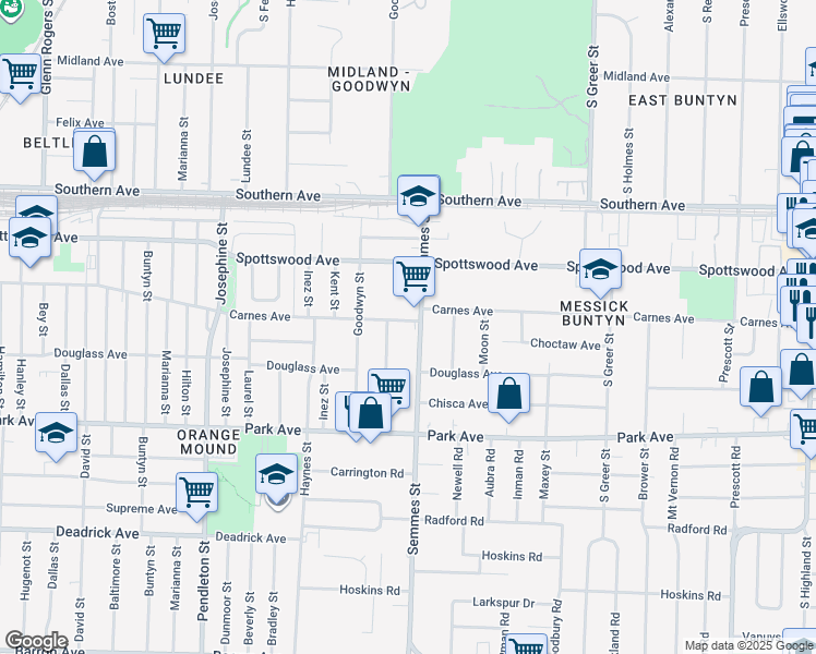 map of restaurants, bars, coffee shops, grocery stores, and more near 2992 Carnes Avenue in Memphis