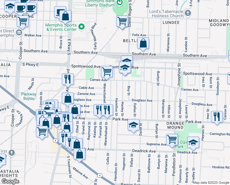 map of restaurants, bars, coffee shops, grocery stores, and more near 738 Hamilton Street in Memphis