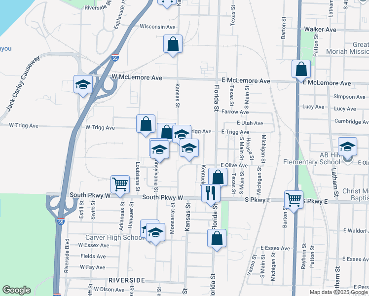 map of restaurants, bars, coffee shops, grocery stores, and more near 80 West Olive Avenue in Memphis