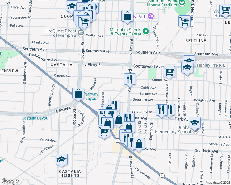 map of restaurants, bars, coffee shops, grocery stores, and more near 2323 Longstreet Drive in Memphis