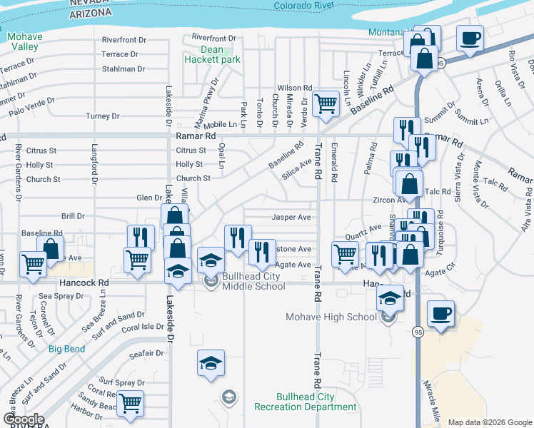 map of restaurants, bars, coffee shops, grocery stores, and more near 1150 Zircon Avenue in Bullhead City