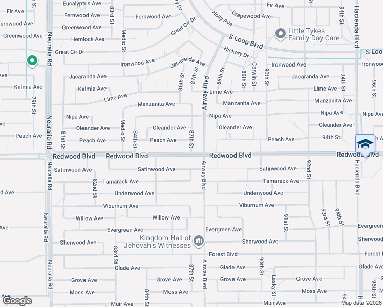map of restaurants, bars, coffee shops, grocery stores, and more near 87th Street in California City