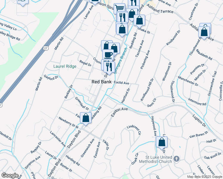 map of restaurants, bars, coffee shops, grocery stores, and more near 3419 Redding Road in Chattanooga