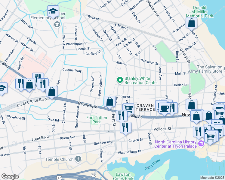 map of restaurants, bars, coffee shops, grocery stores, and more near 731 3rd Avenue in New Bern