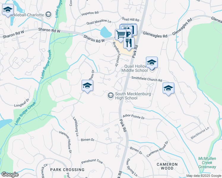 map of restaurants, bars, coffee shops, grocery stores, and more near 8812 Park Road in Charlotte