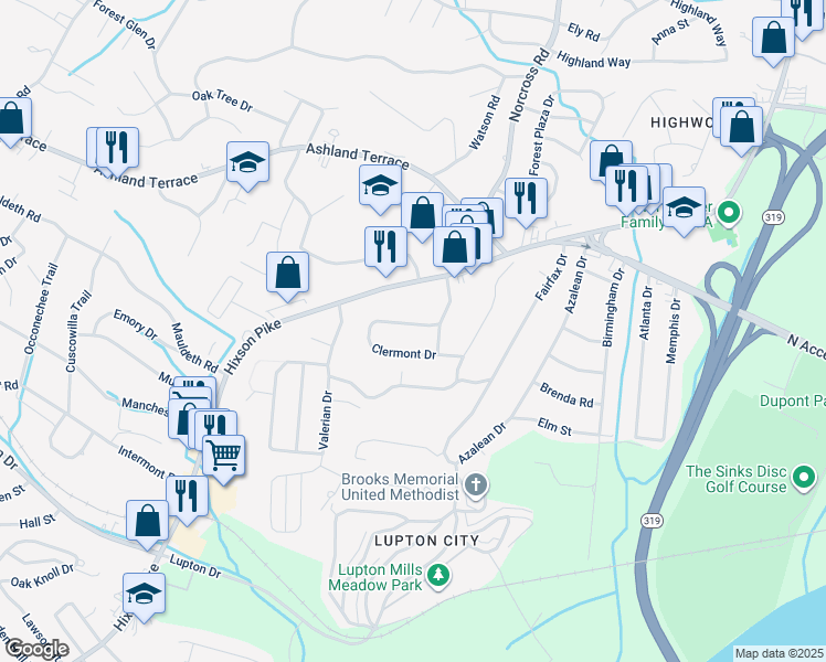 map of restaurants, bars, coffee shops, grocery stores, and more near 1108 Clermont Drive in Chattanooga