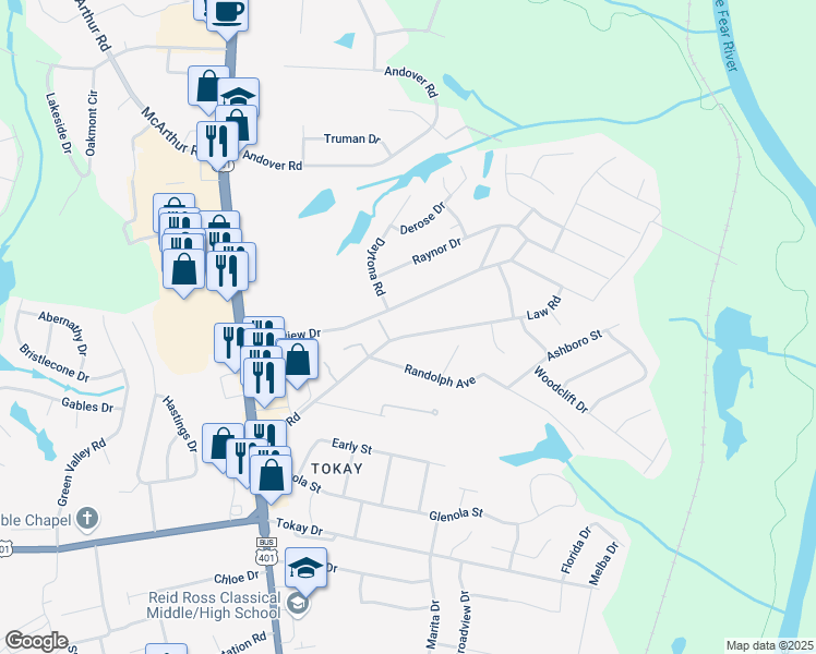 map of restaurants, bars, coffee shops, grocery stores, and more near 505 Law Road in Fayetteville