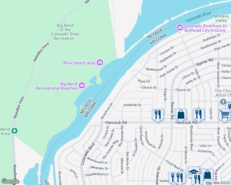 map of restaurants, bars, coffee shops, grocery stores, and more near 321 Riverfront Drive in Bullhead City