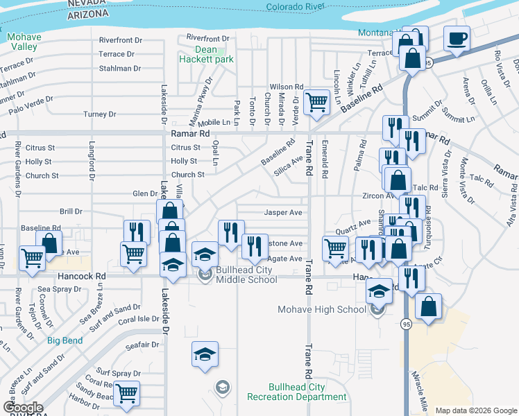 map of restaurants, bars, coffee shops, grocery stores, and more near 1150 Zircon Avenue in Bullhead City