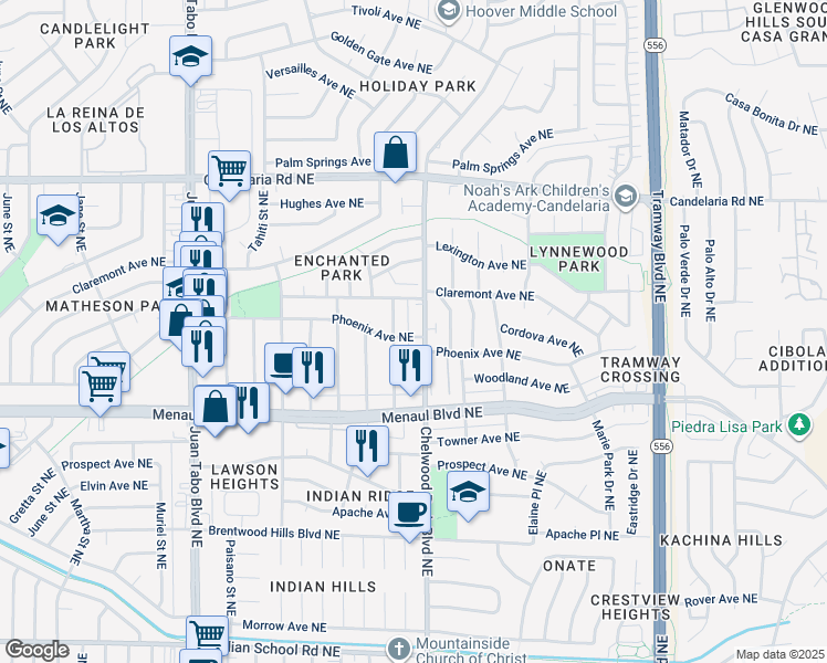 map of restaurants, bars, coffee shops, grocery stores, and more near 2512 Sandler Drive Northeast in Albuquerque