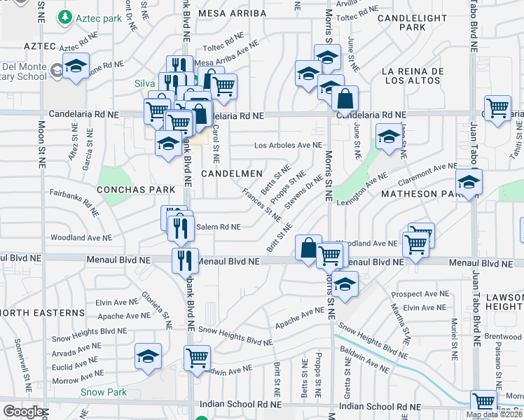 map of restaurants, bars, coffee shops, grocery stores, and more near 10104 Betts Street Northeast in Albuquerque