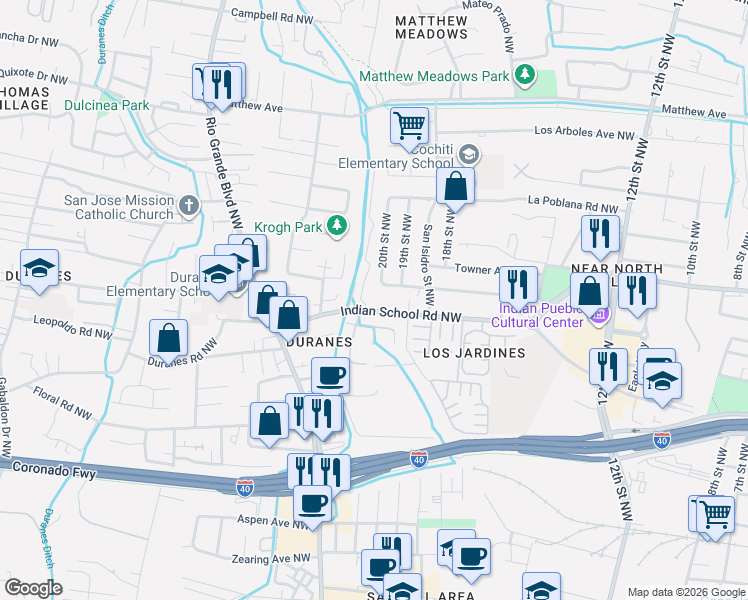 map of restaurants, bars, coffee shops, grocery stores, and more near 2601 Prospect Avenue Northwest in Albuquerque
