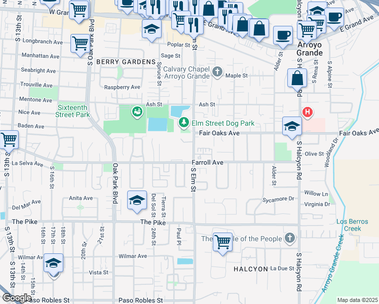 map of restaurants, bars, coffee shops, grocery stores, and more near 412A South Elm Street in Arroyo Grande