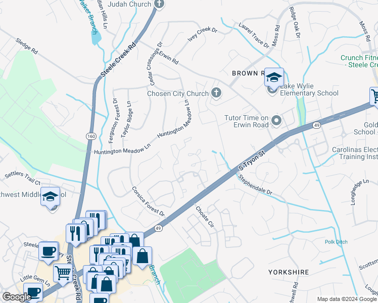map of restaurants, bars, coffee shops, grocery stores, and more near 14315 Tranters Creek Lane in Charlotte