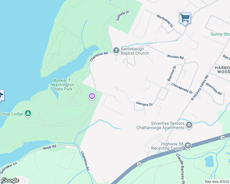 map of restaurants, bars, coffee shops, grocery stores, and more near 8600 Glenaire Drive in Chattanooga