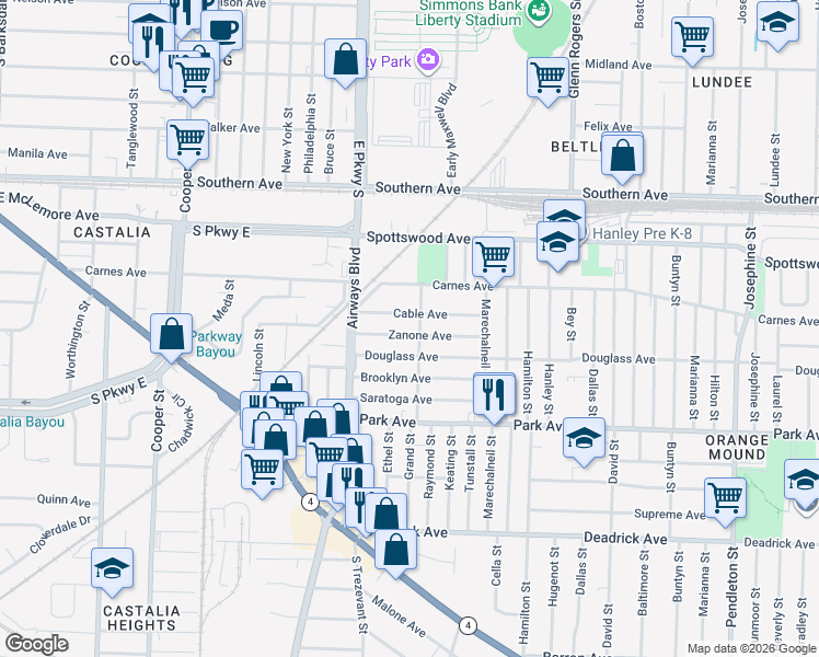 map of restaurants, bars, coffee shops, grocery stores, and more near 2400 Cable Avenue in Memphis