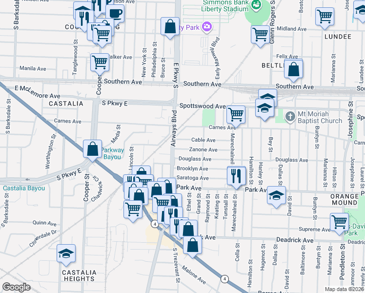 map of restaurants, bars, coffee shops, grocery stores, and more near 2362 Cable Avenue in Memphis