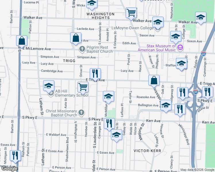 map of restaurants, bars, coffee shops, grocery stores, and more near 619 East Trigg Avenue in Memphis