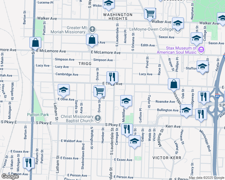 map of restaurants, bars, coffee shops, grocery stores, and more near 557 East Trigg Avenue in Memphis
