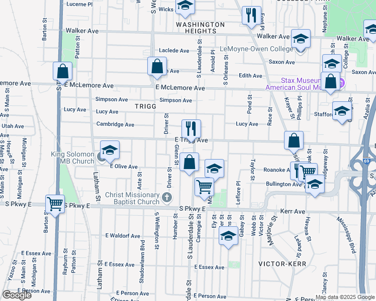 map of restaurants, bars, coffee shops, grocery stores, and more near 557 East Trigg Avenue in Memphis
