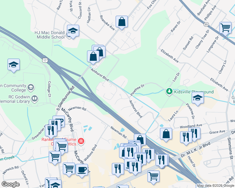 map of restaurants, bars, coffee shops, grocery stores, and more near 2505 Fairwoods Lane in New Bern