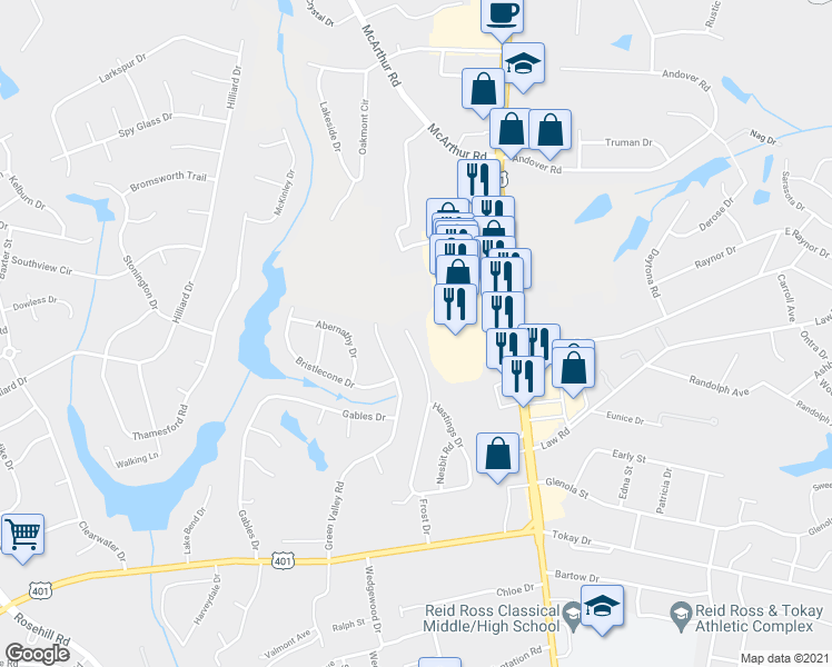 map of restaurants, bars, coffee shops, grocery stores, and more near 3644 Hastings Drive in Fayetteville