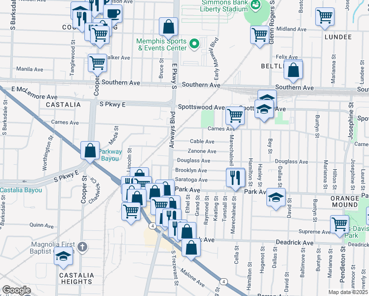 map of restaurants, bars, coffee shops, grocery stores, and more near 2362 Cable Avenue in Memphis