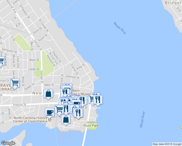 map of restaurants, bars, coffee shops, grocery stores, and more near 528 East Front Street in New Bern