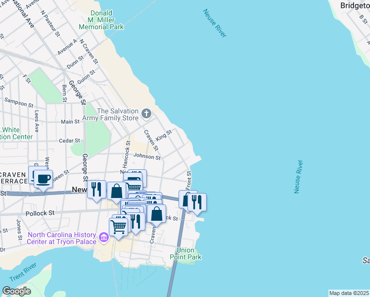 map of restaurants, bars, coffee shops, grocery stores, and more near 528 East Front Street in New Bern