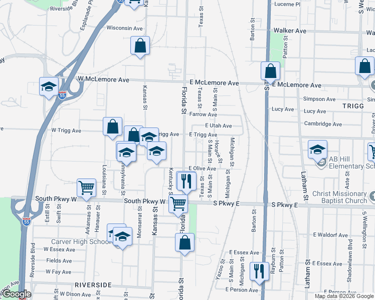 map of restaurants, bars, coffee shops, grocery stores, and more near 1301 Adelaide Street in Memphis