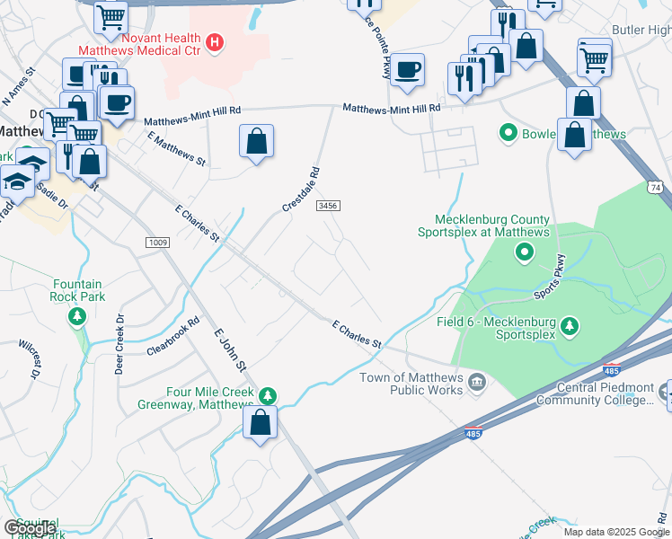 map of restaurants, bars, coffee shops, grocery stores, and more near 445 Amir Circle in Matthews