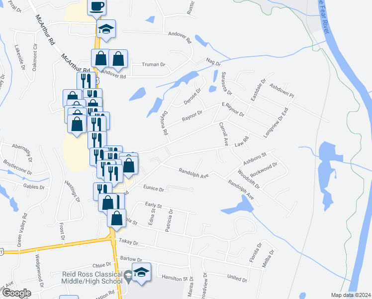 map of restaurants, bars, coffee shops, grocery stores, and more near 507 Law Road in Fayetteville