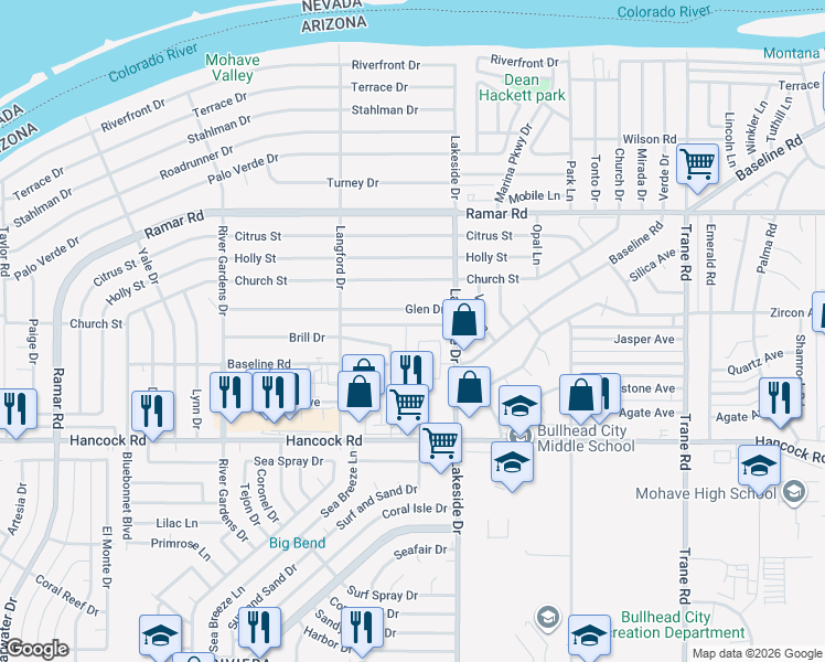 map of restaurants, bars, coffee shops, grocery stores, and more near 942 Glen Drive in Bullhead City