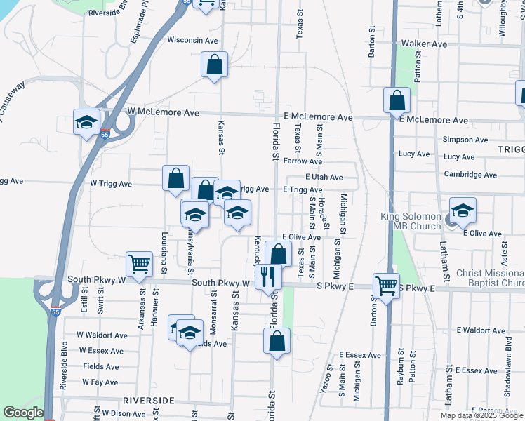map of restaurants, bars, coffee shops, grocery stores, and more near 1320 Kentucky Street in Memphis