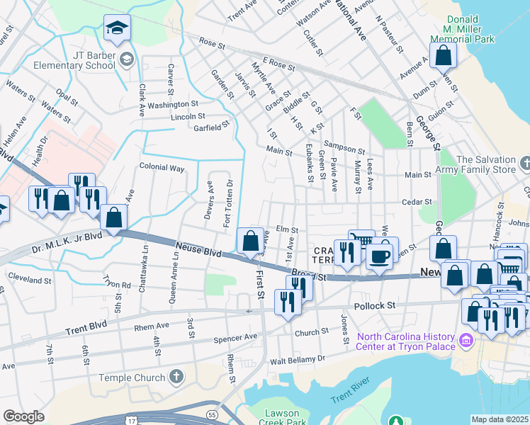 map of restaurants, bars, coffee shops, grocery stores, and more near 727 3rd Avenue in New Bern