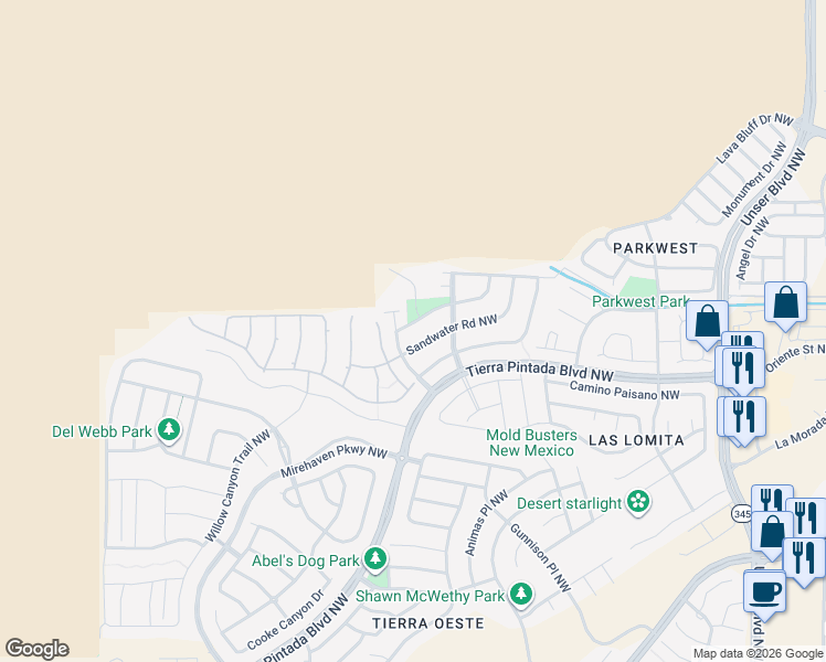 map of restaurants, bars, coffee shops, grocery stores, and more near 99999 Desert Rain Road Northwest in Albuquerque